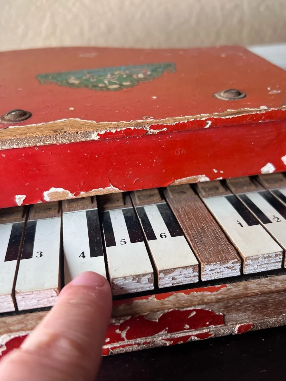 Vintage 1950s Orchestra Piano Toy Grand Piano Red Chippy Paint